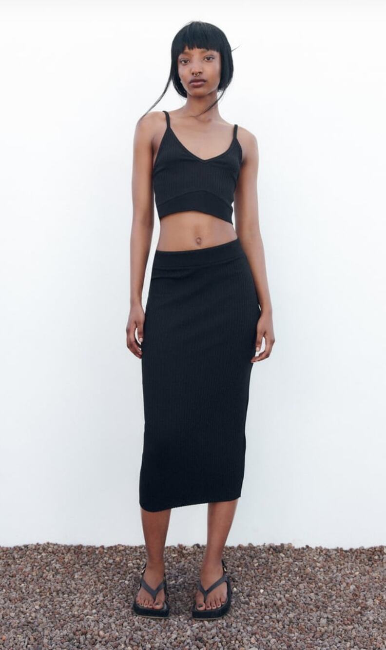 ZARA Ribbed Knit Midi Skirt Black L